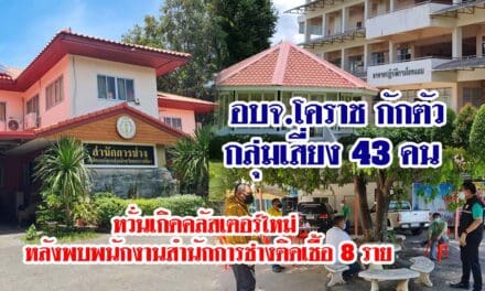 อบจ.โคราช กักตัวกลุ่มเสี่ยง 43 คน พร้อมปูพรมตรวจหาเชื้อโควิดทั้งองค์กร หลังพบพนักงานสำนักการช่างติดเชื้อ 8 ราย