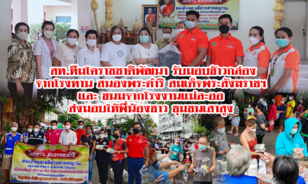 สท.ทีมโคราชชาติพัฒนา รับมอบข้าวกล่อง จากโรงทาน สนองพระดำริ  สมเด็จพระสังฆราชฯ และ ขนมจากโรงงานแม่ละออ ส่งมอบให้พี่น้องชาวชุมชนเสาสูง