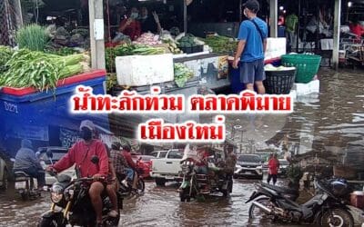 น้ำทะลักท่วมตลาดพิมายเมืองใหม่ ประชาชนเดือดร้อนกันถ้วนหน้า ต้องขับรถลุยฝ่าน้ำเข้าไปซื้อสินค้า